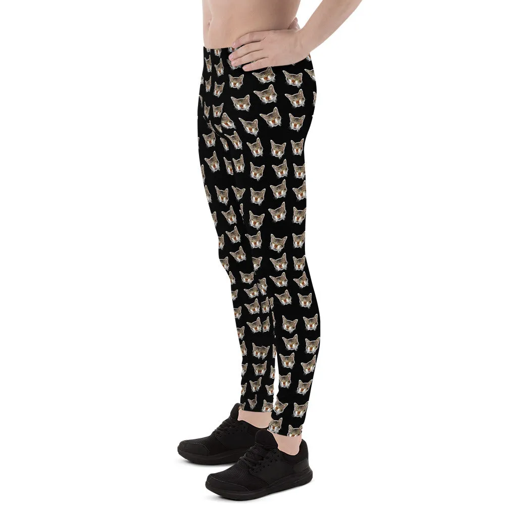 Black Cat Print Men's Leggings, Calico Cat Print Costume Fun Rave Tights-Made in USA/EU