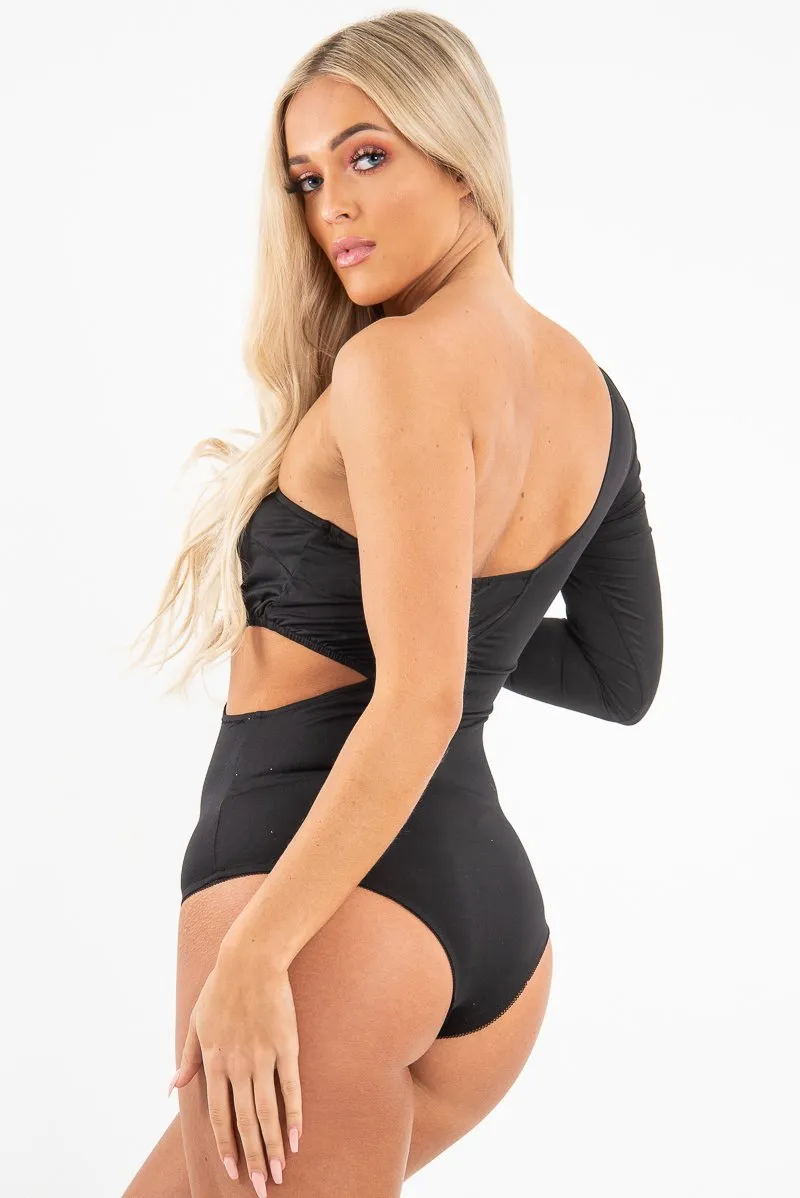 Black One Sleeve Cut Out Bodysuit - Lyana