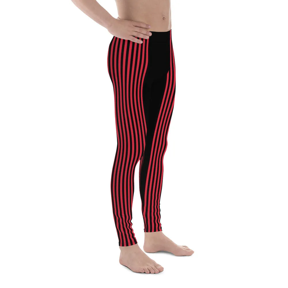 Black Red Stripe Men's Leggings, Designer Best Vertical Stripes Circus Rave Meggings-Made in USA/EU/MX