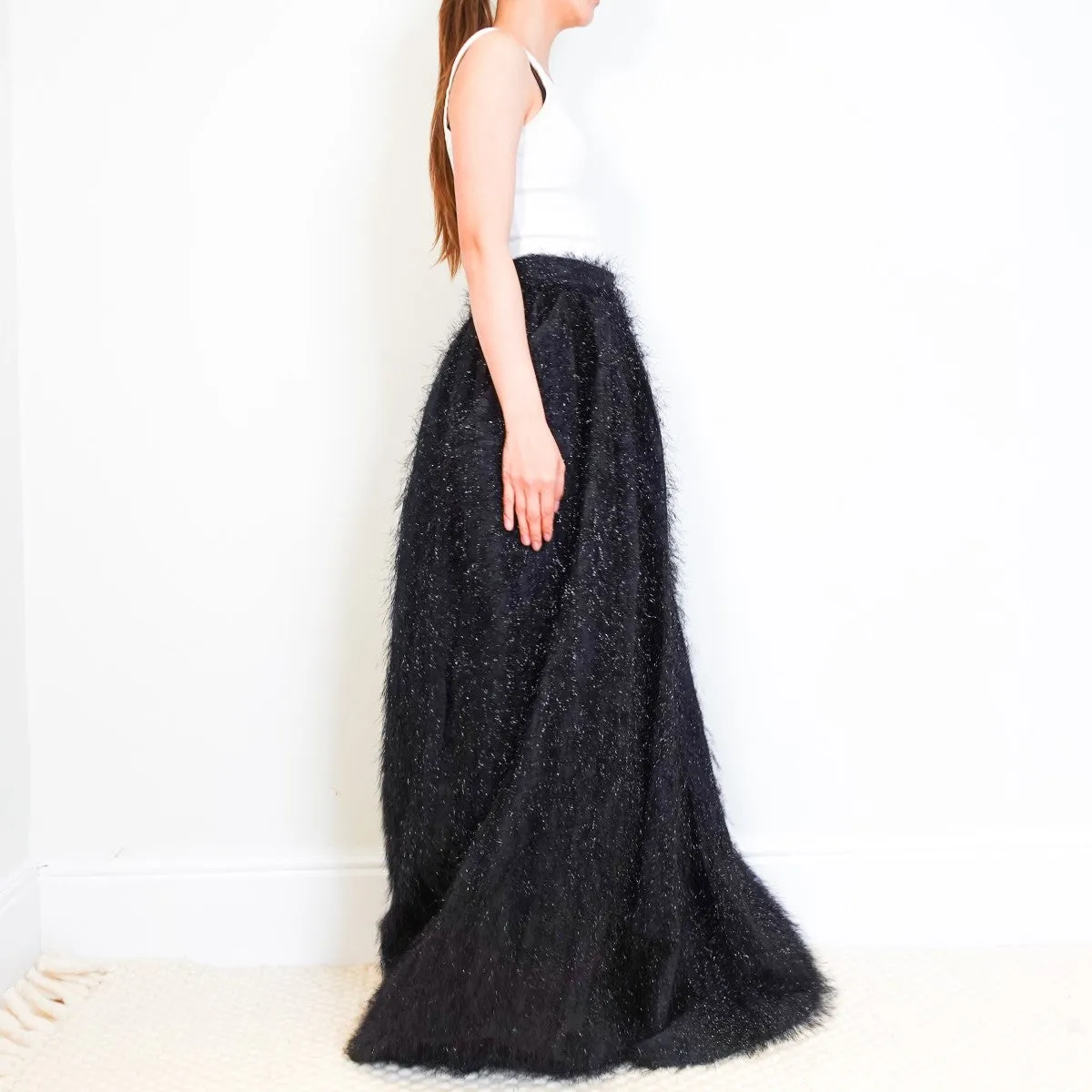 Black tinsel maxi skirt