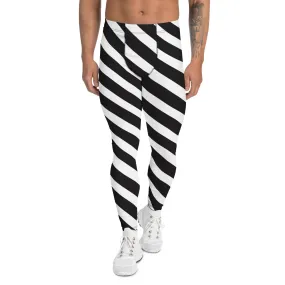 Black White Diagonal Stripes Meggings, White Striped Premium Style Men's Leggings For Men - Made in USA/EU/MX