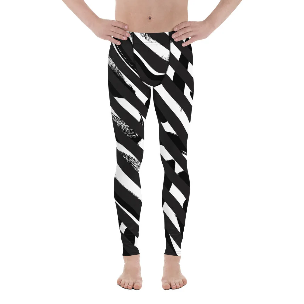 Black White Diagonally Striped Meggings, Best Chic Designer Abstract Men's Leggings For Men - Made in USA/EU/MX