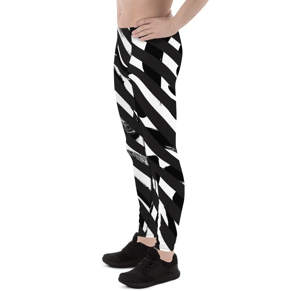 Black White Diagonally Striped Meggings, Best Chic Designer Abstract Men's Leggings For Men - Made in USA/EU/MX