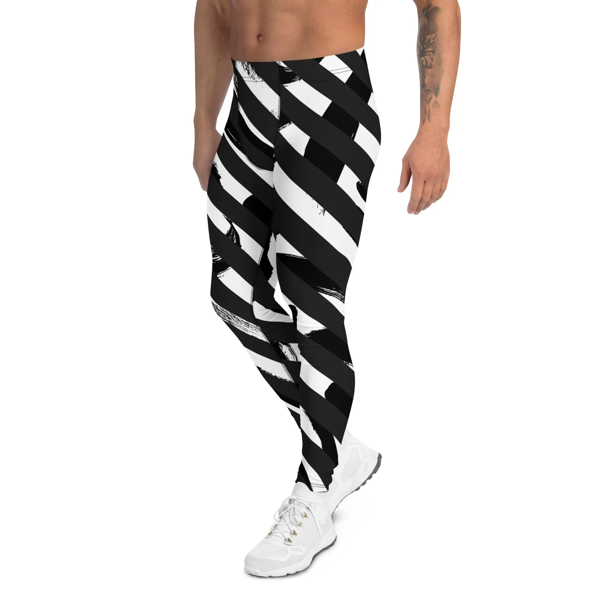 Black White Diagonally Striped Meggings, Best Chic Designer Abstract Men's Leggings For Men - Made in USA/EU/MX