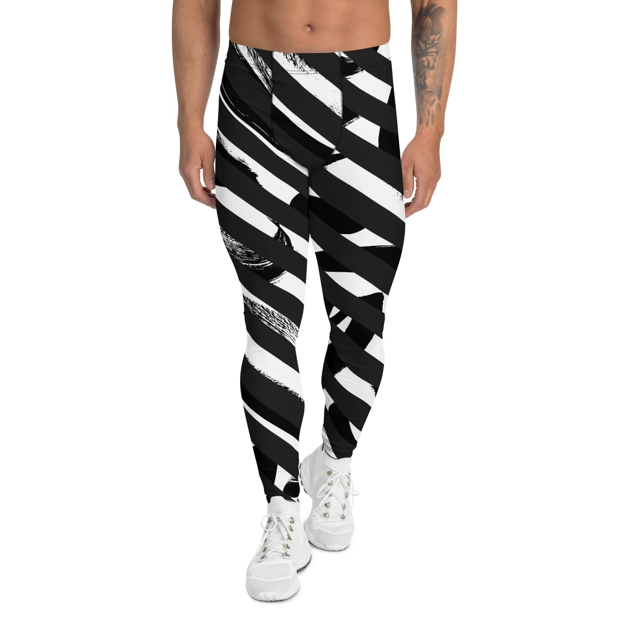 Black White Diagonally Striped Meggings, Best Chic Designer Abstract Men's Leggings For Men - Made in USA/EU/MX