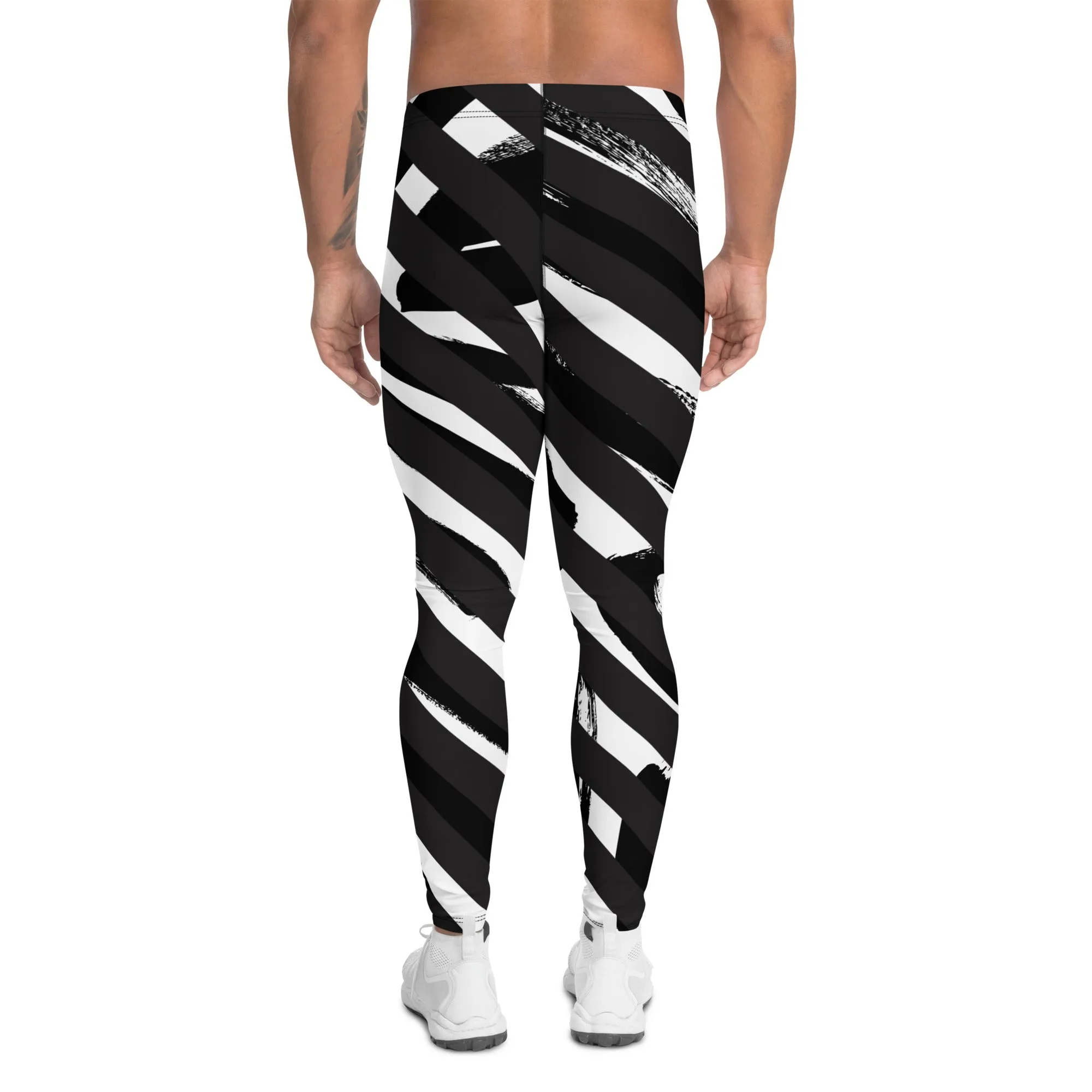 Black White Diagonally Striped Meggings, Best Chic Designer Abstract Men's Leggings For Men - Made in USA/EU/MX