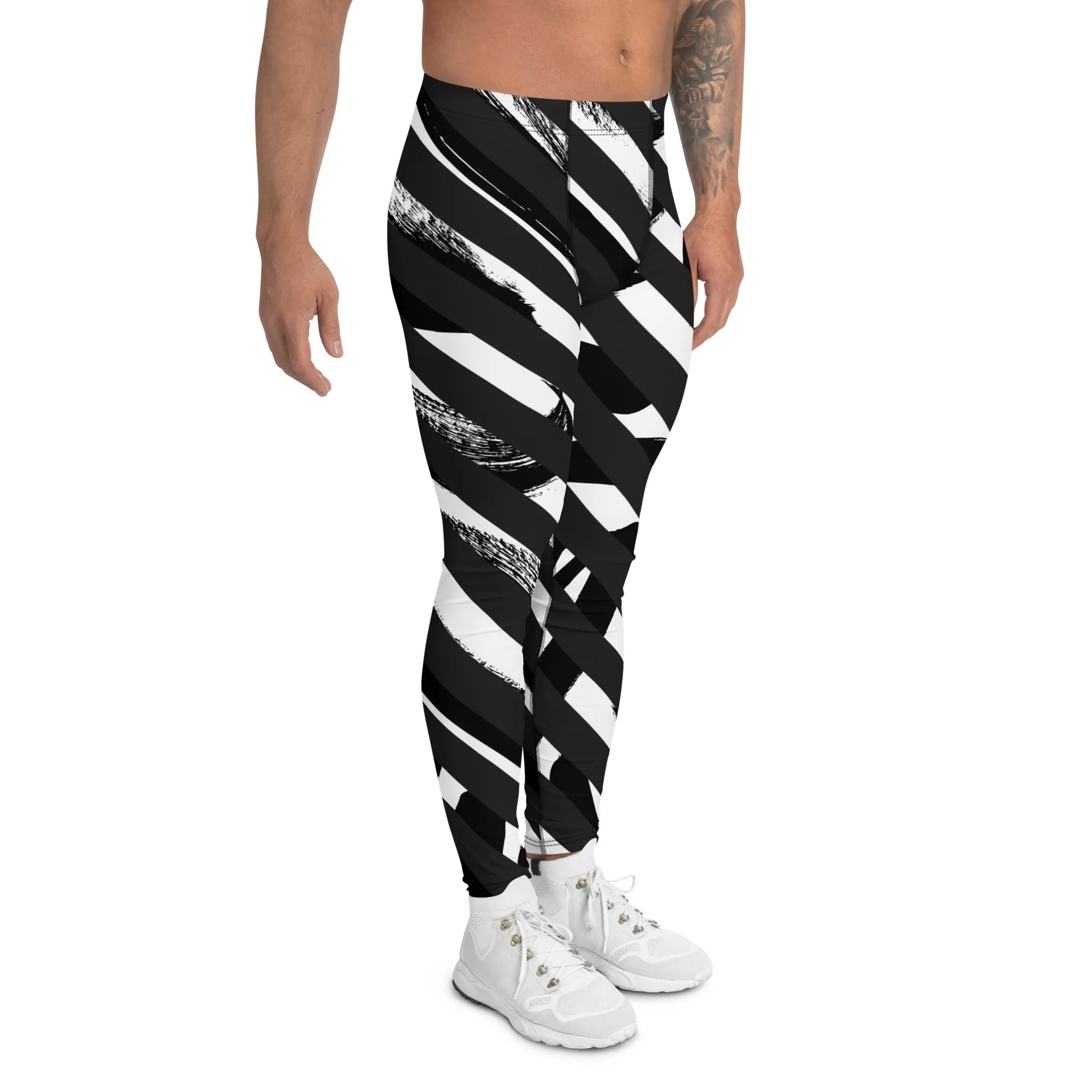 Black White Diagonally Striped Meggings, Best Chic Designer Abstract Men's Leggings For Men - Made in USA/EU/MX