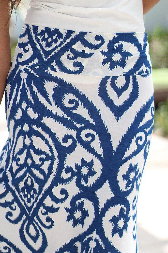 Blue and Ivory Printed Maxi Skirt
