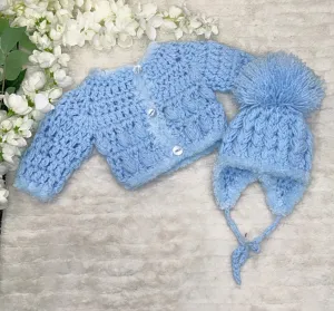 Blue chunky knit cardigan and hat set