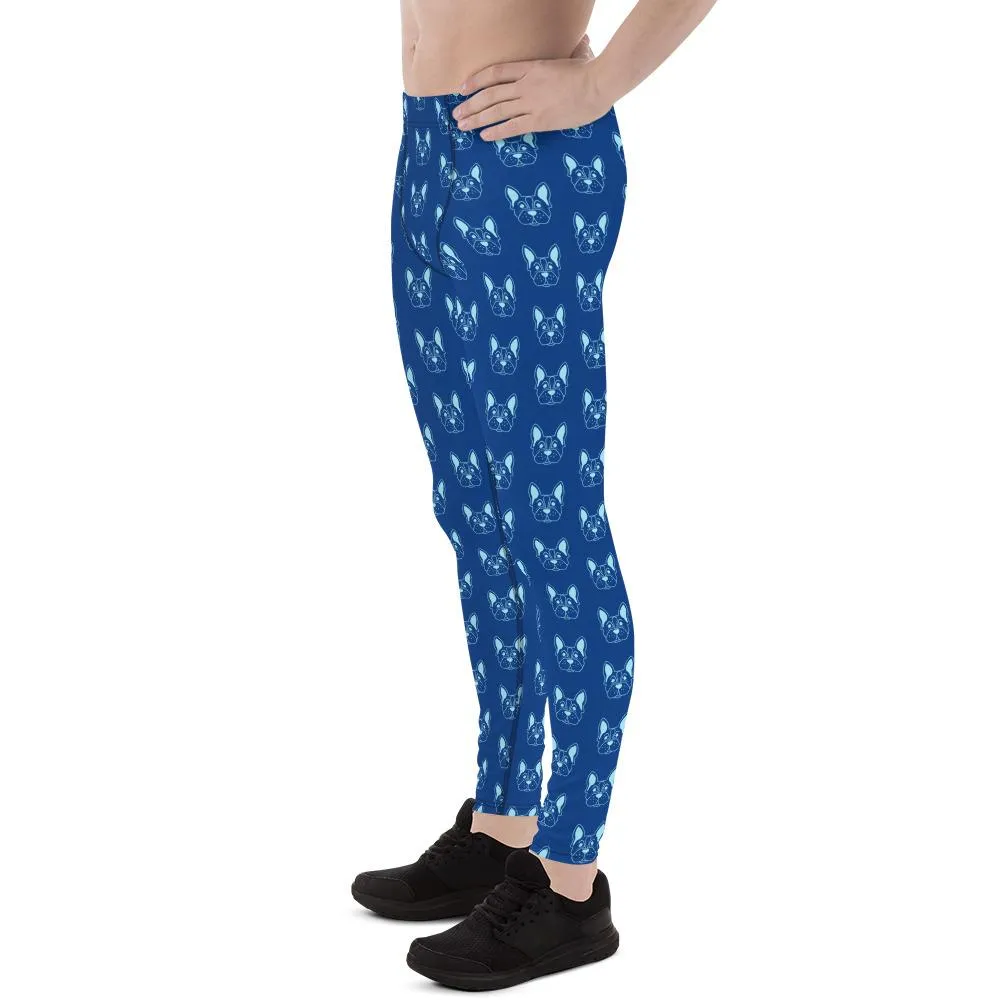 Blue French Bulldog Meggings, Men's Leggings Compression Run Tights- Made in USA/EU