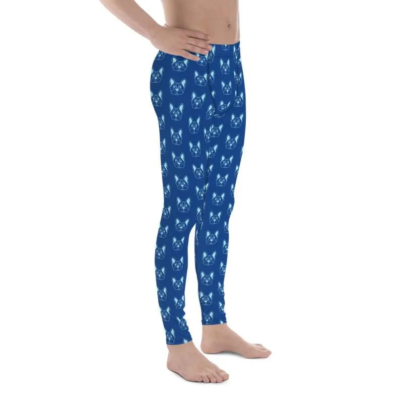 Blue French Bulldog Meggings, Men's Leggings Compression Run Tights- Made in USA/EU