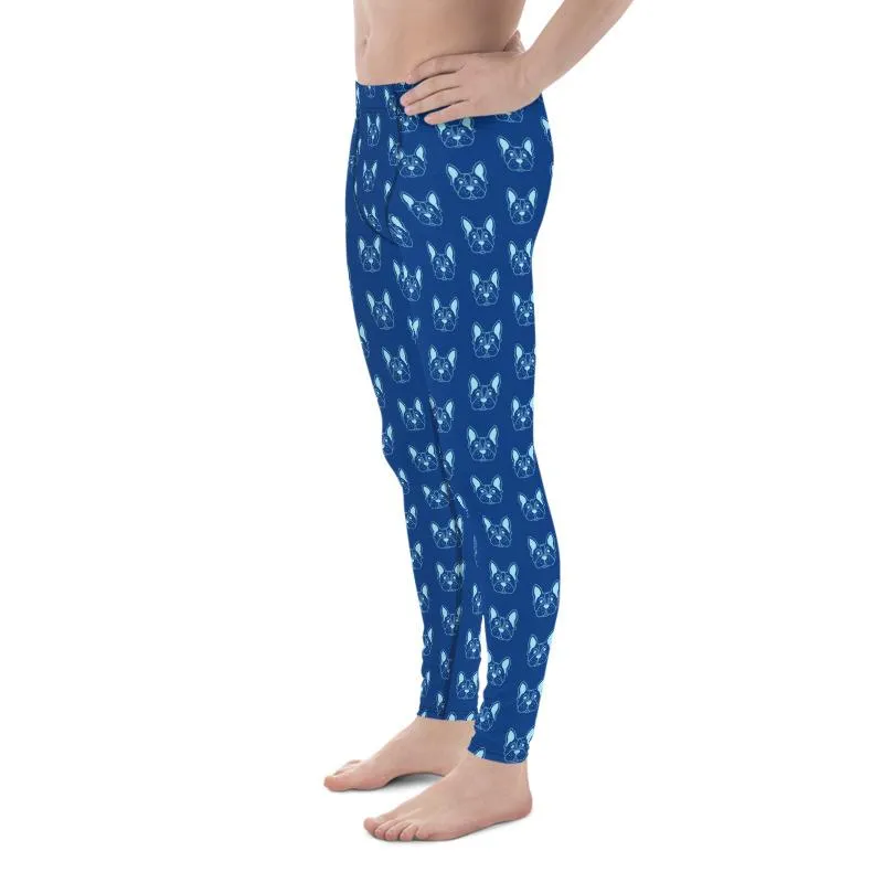 Blue French Bulldog Meggings, Men's Leggings Compression Run Tights- Made in USA/EU