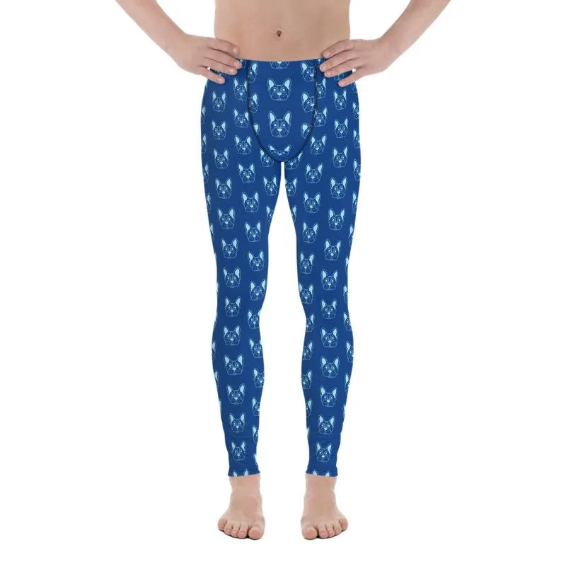 Blue French Bulldog Meggings, Men's Leggings Compression Run Tights- Made in USA/EU