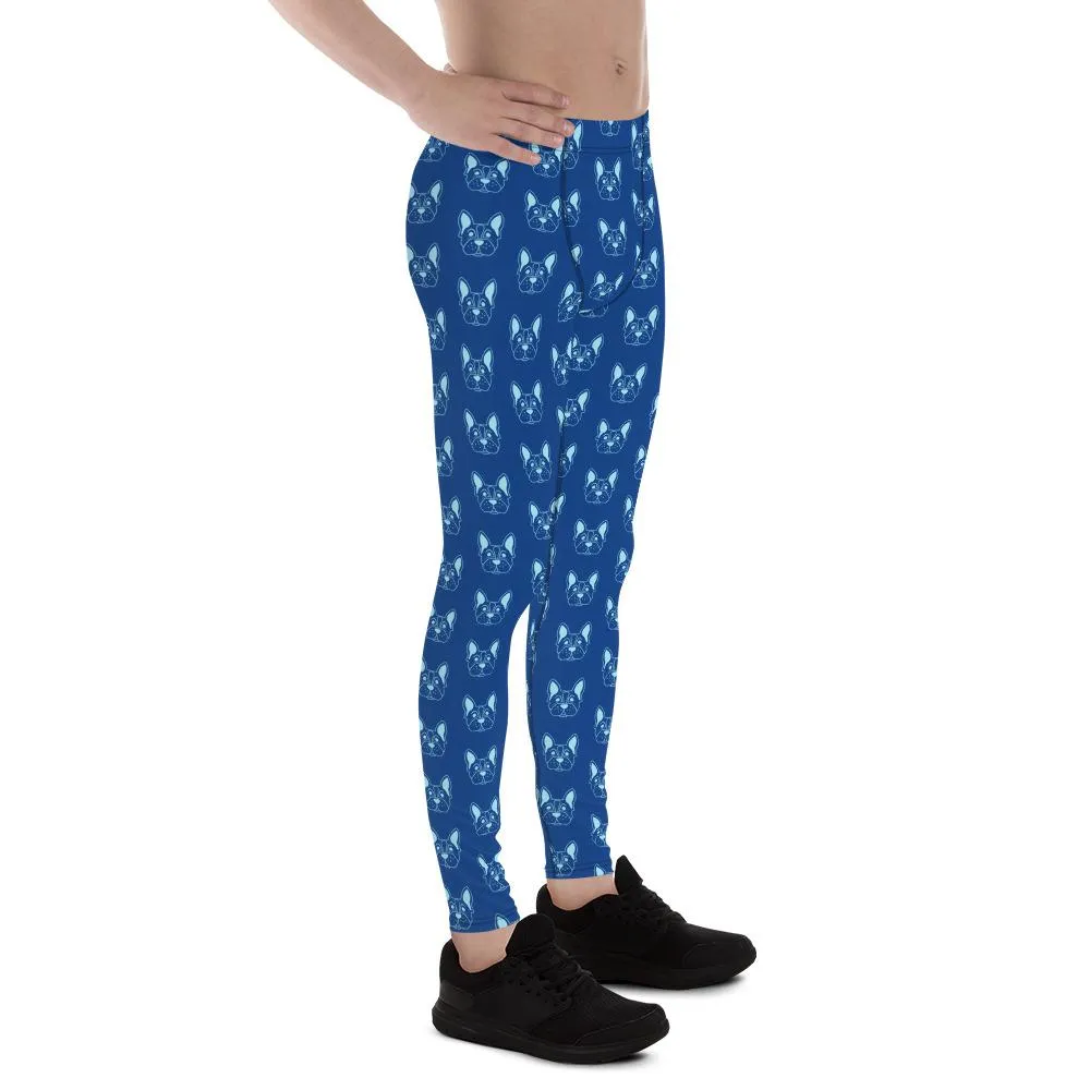 Blue French Bulldog Meggings, Men's Leggings Compression Run Tights- Made in USA/EU