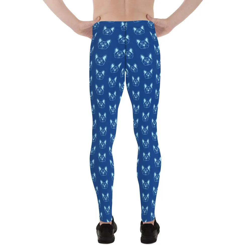 Blue French Bulldog Meggings, Men's Leggings Compression Run Tights- Made in USA/EU