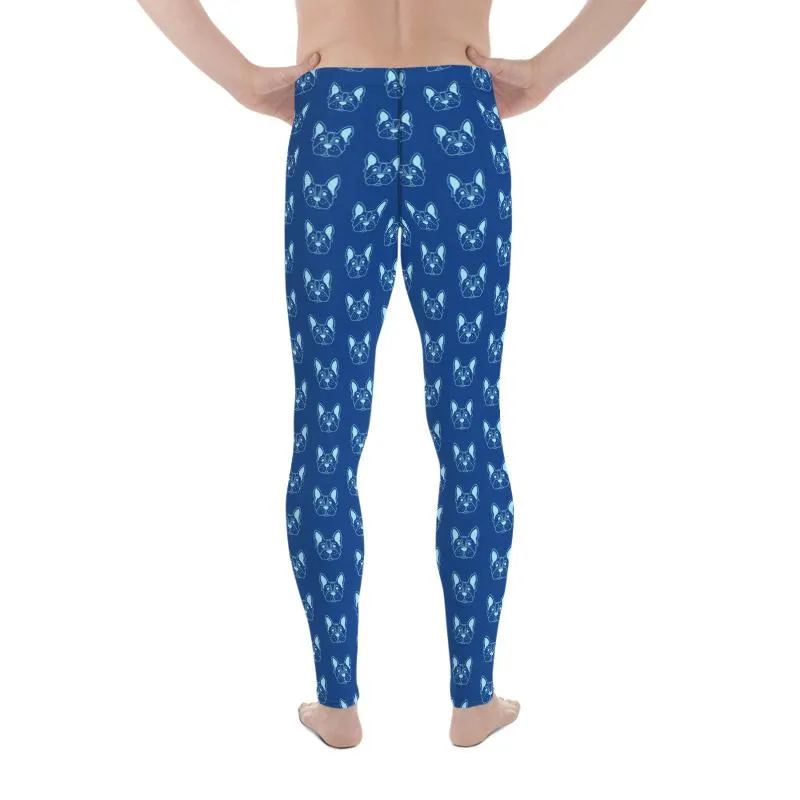 Blue French Bulldog Meggings, Men's Leggings Compression Run Tights- Made in USA/EU