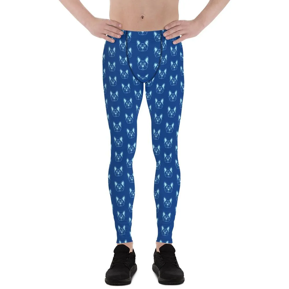 Blue French Bulldog Meggings, Men's Leggings Compression Run Tights- Made in USA/EU