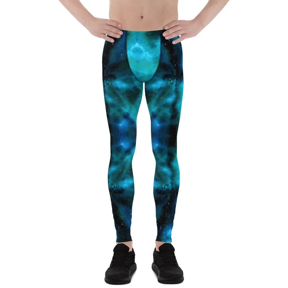 Blue Galaxy Men's Leggings, Mens Galaxy Lightning Storm Pants, Thunder Lightning Leggings For Men-Made in USA/EU/MX
