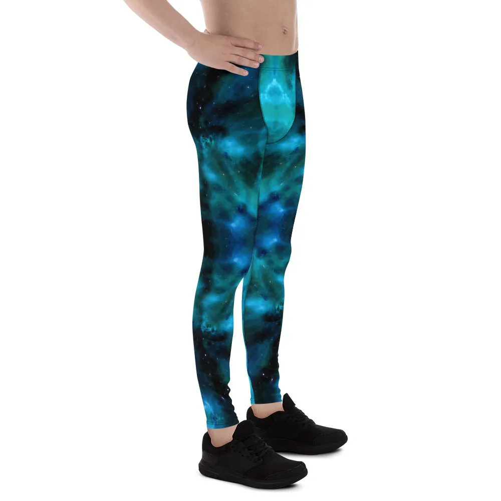 Blue Galaxy Men's Leggings, Mens Galaxy Lightning Storm Pants, Thunder Lightning Leggings For Men-Made in USA/EU/MX