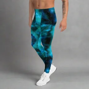 Blue Galaxy Men's Leggings, Mens Galaxy Lightning Storm Pants, Thunder Lightning Leggings For Men-Made in USA/EU/MX