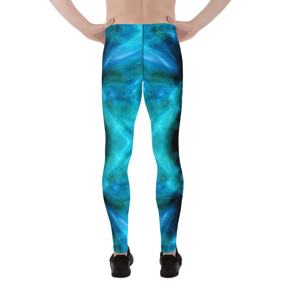 Blue Galaxy Men's Leggings, Mens Galaxy Lightning Storm Pants, Thunder Lightning Leggings For Men-Made in USA/EU/MX
