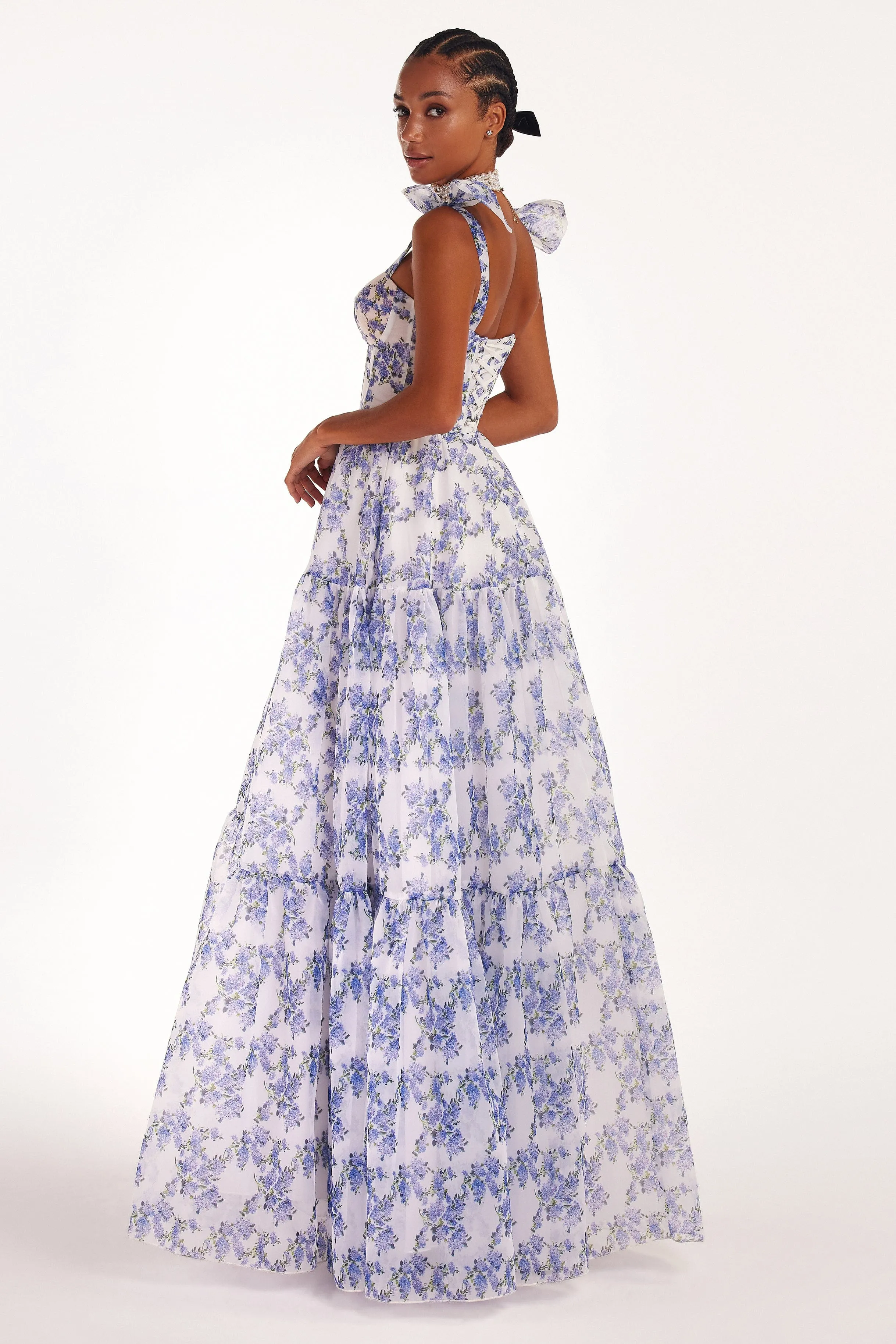 Blue Hydrangea tender tie-strap maxi dress