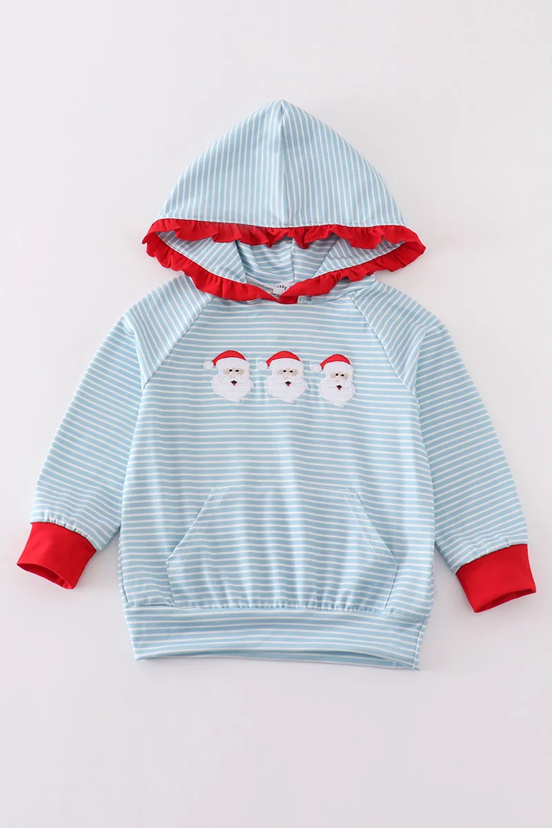 Blue stripe christmas santa ruffle embroidery girl hoodie