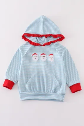 Blue stripe christmas santa ruffle embroidery girl hoodie