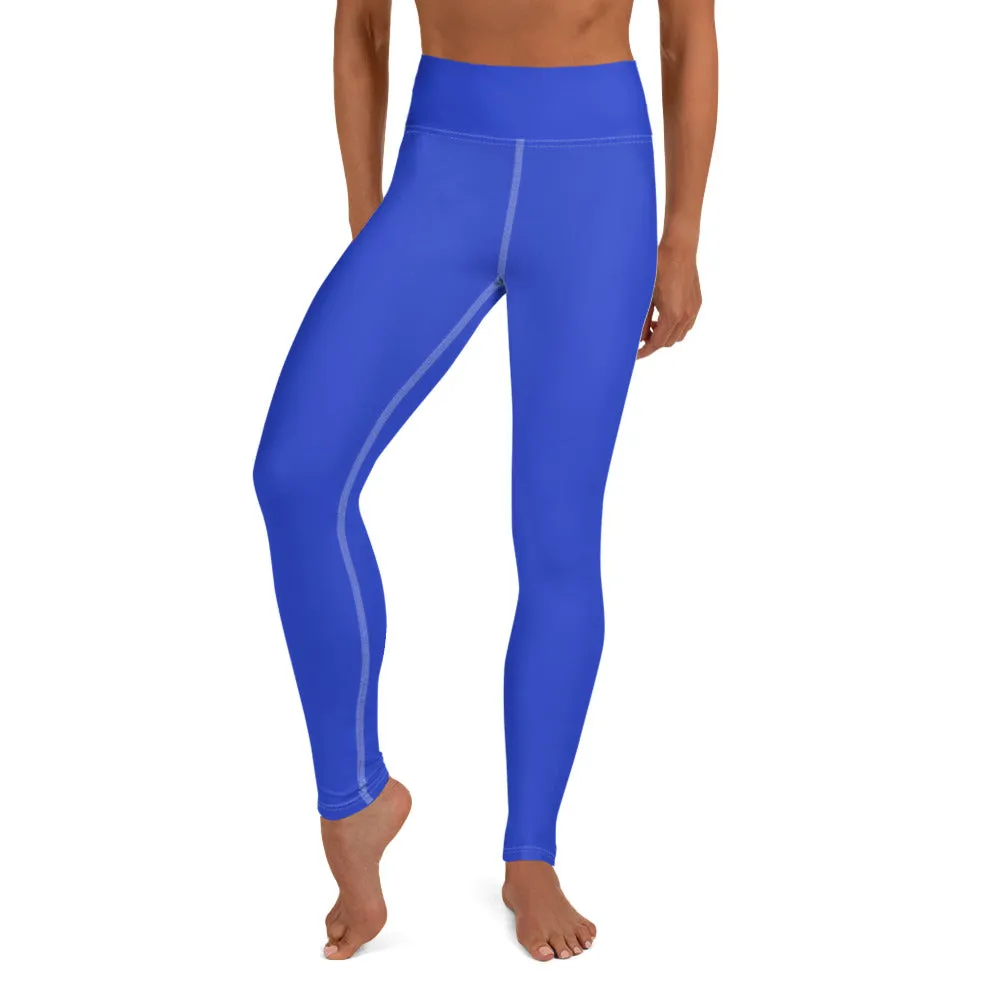Blue Women's Yoga Pants, Solid Color Premium Long Yoga Leggings - Made in USA/ EU