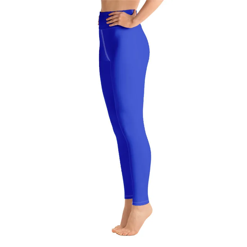 Blue Women's Yoga Pants, Solid Color Premium Long Yoga Leggings - Made in USA/ EU