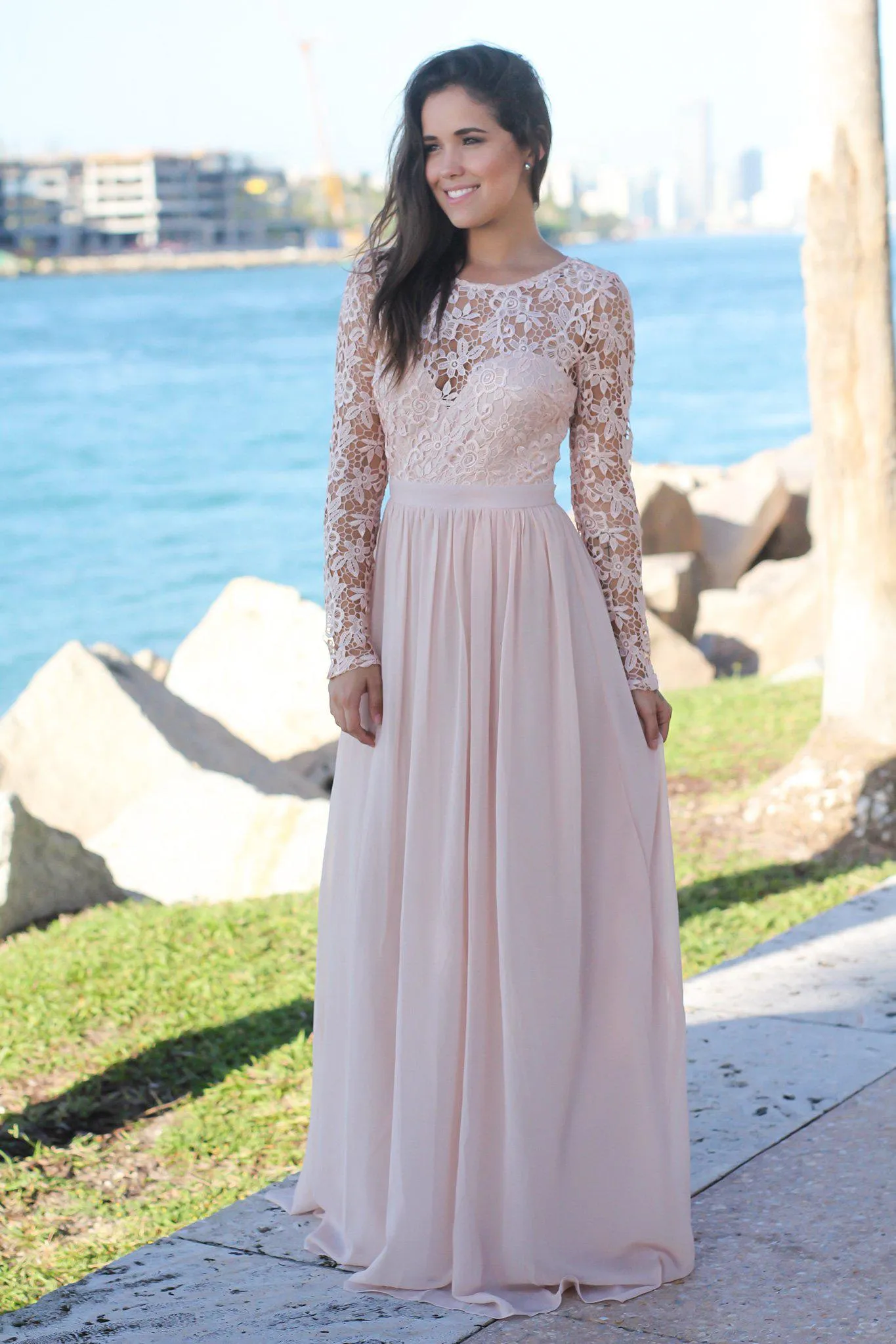 Blush Crochet Top Maxi Dress with Lace Up Back
