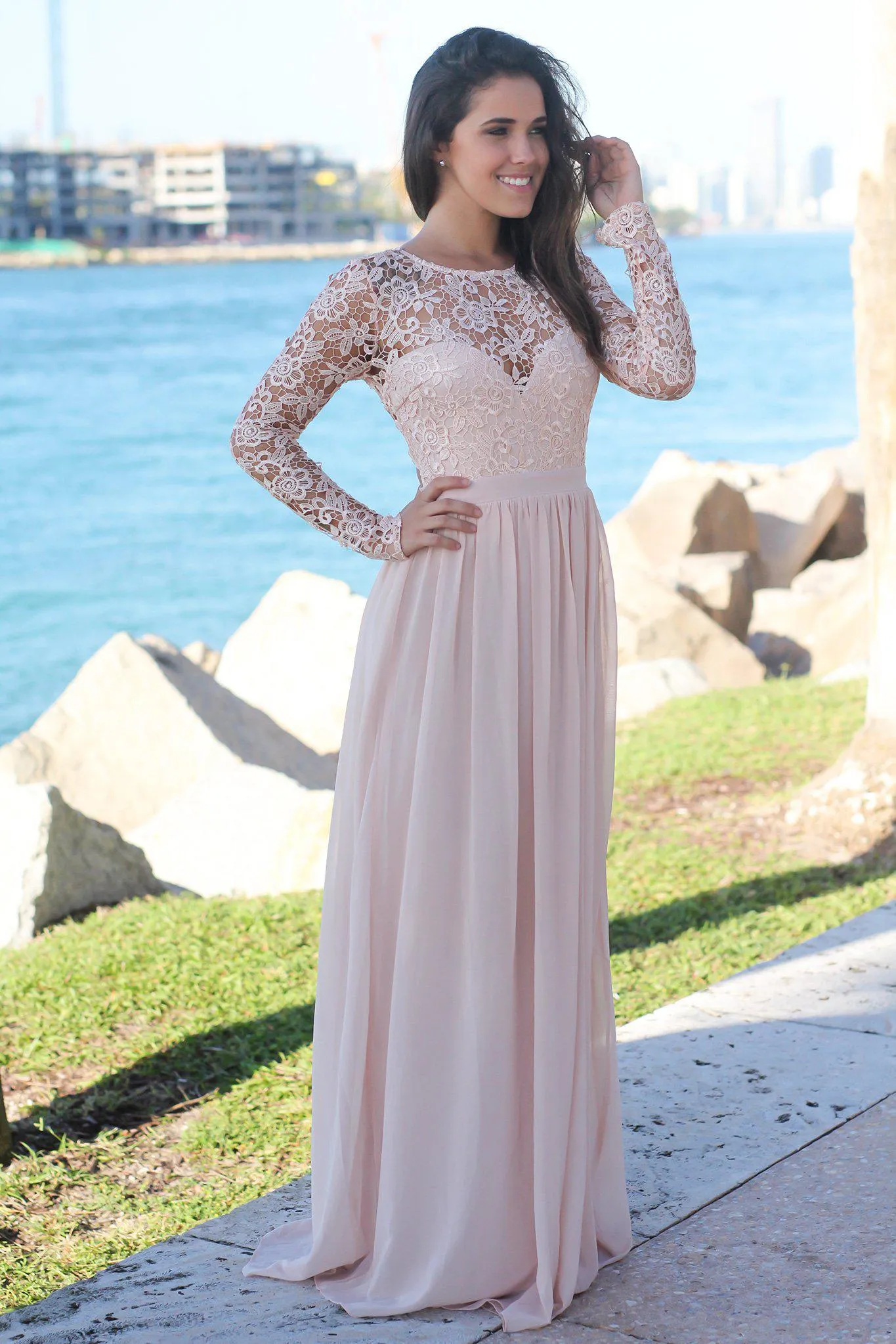 Blush Crochet Top Maxi Dress with Lace Up Back