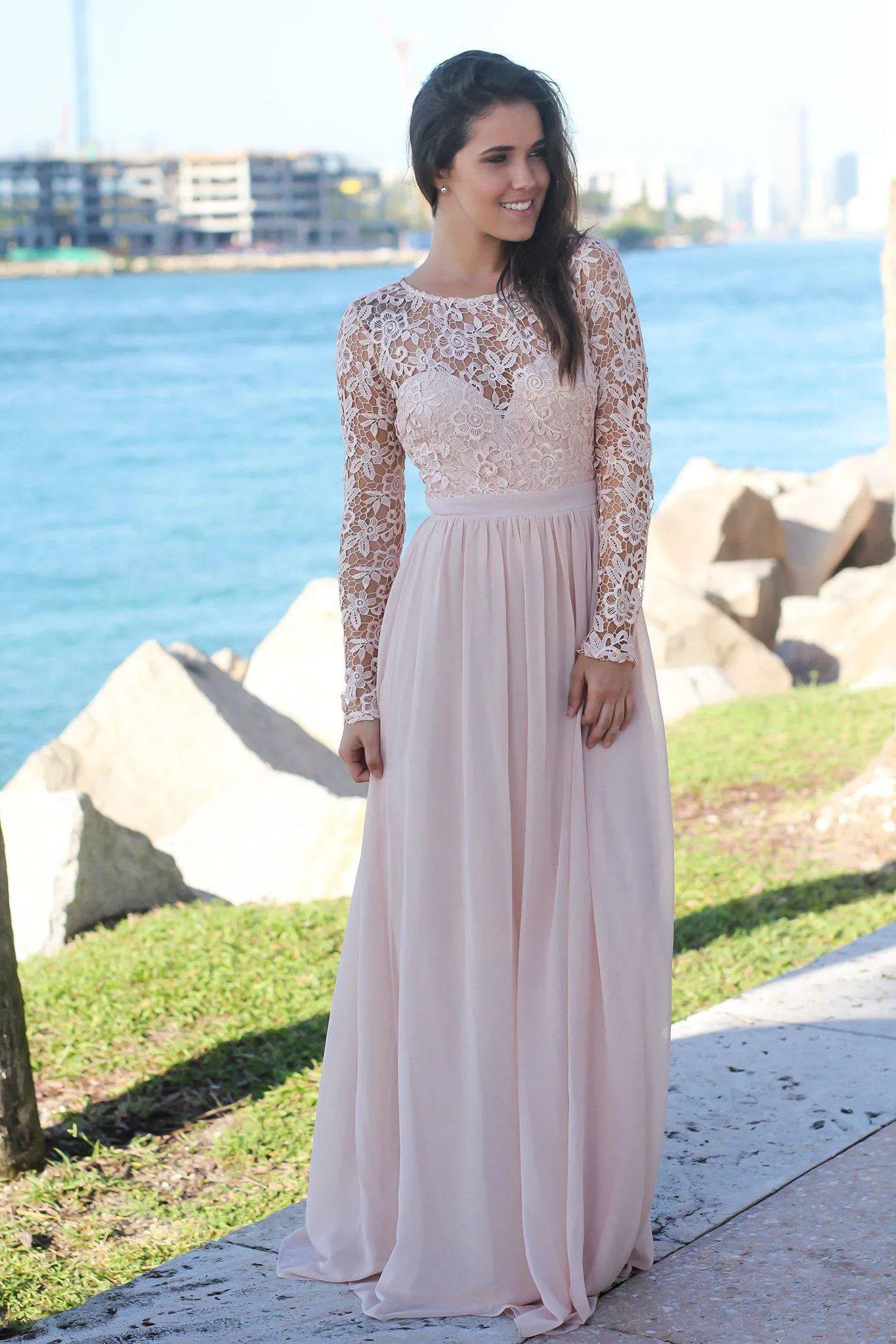 Blush Crochet Top Maxi Dress with Lace Up Back