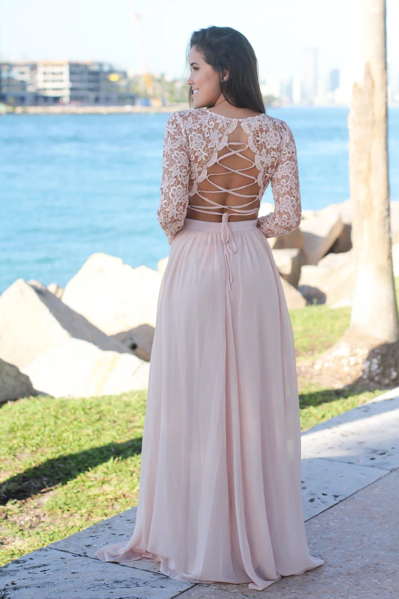 Blush Crochet Top Maxi Dress with Lace Up Back