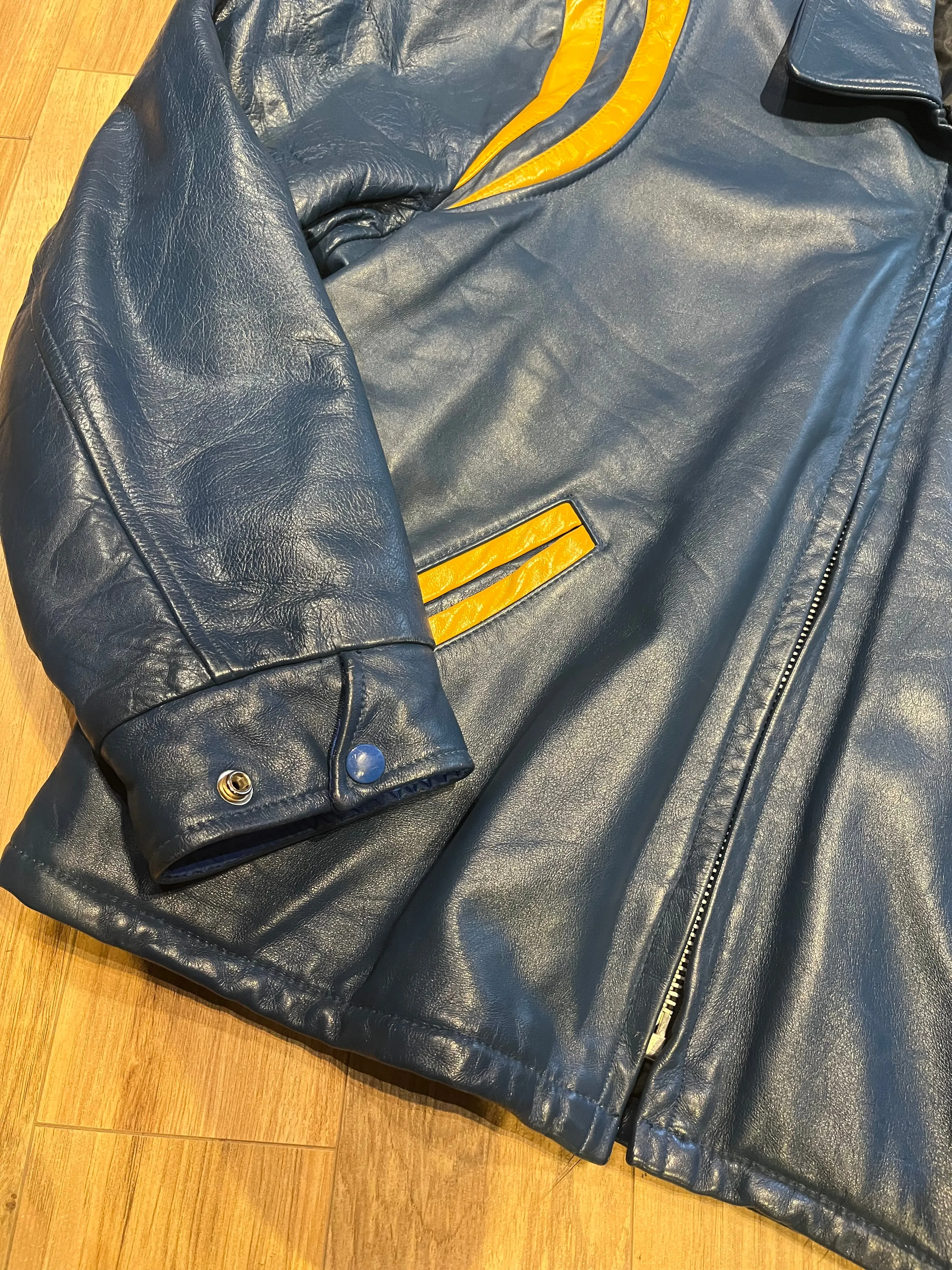 Bonwitt of Winnipeg Blue and Yellow Leather Varsity Jacket, Made in Canada, Size XL SOLD