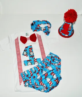 Boy Dr Seuss cake smash outfit with party hat, Cat in the Hat birthday outfit, 1st 2nd 3rd birthday, Boys cake smash outfit, Dr Seuss Banner