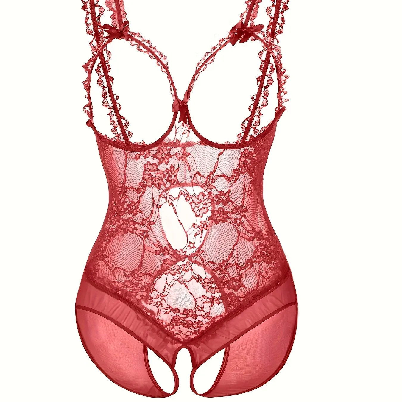 Bridal Elegance Plus Size Wedding Sexy Sheer Floral Lace Cut Out Bow Knot Open Cup Crotchless One Piece Teddy Bodysuit