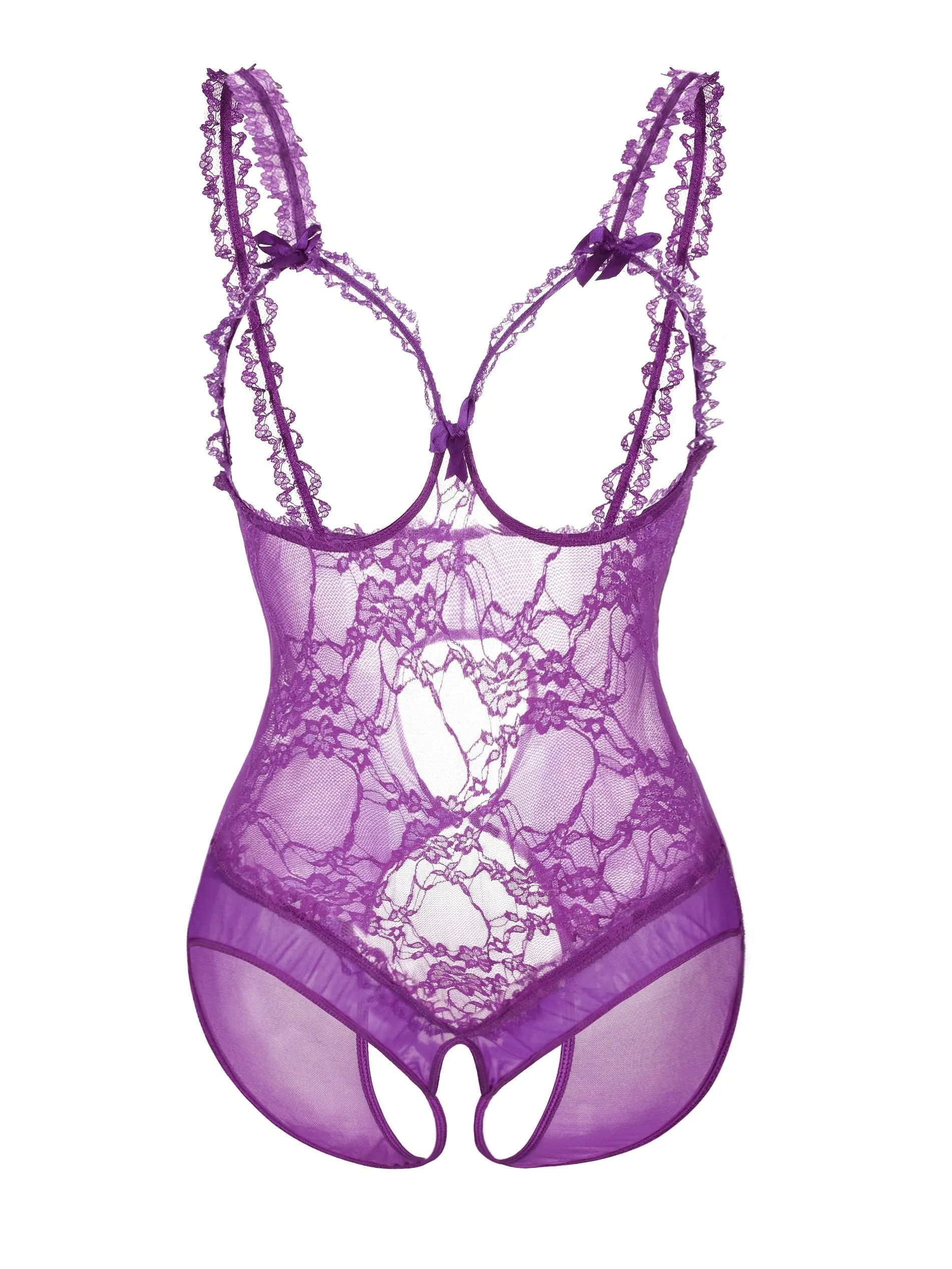 Bridal Elegance Plus Size Wedding Sexy Sheer Floral Lace Cut Out Bow Knot Open Cup Crotchless One Piece Teddy Bodysuit