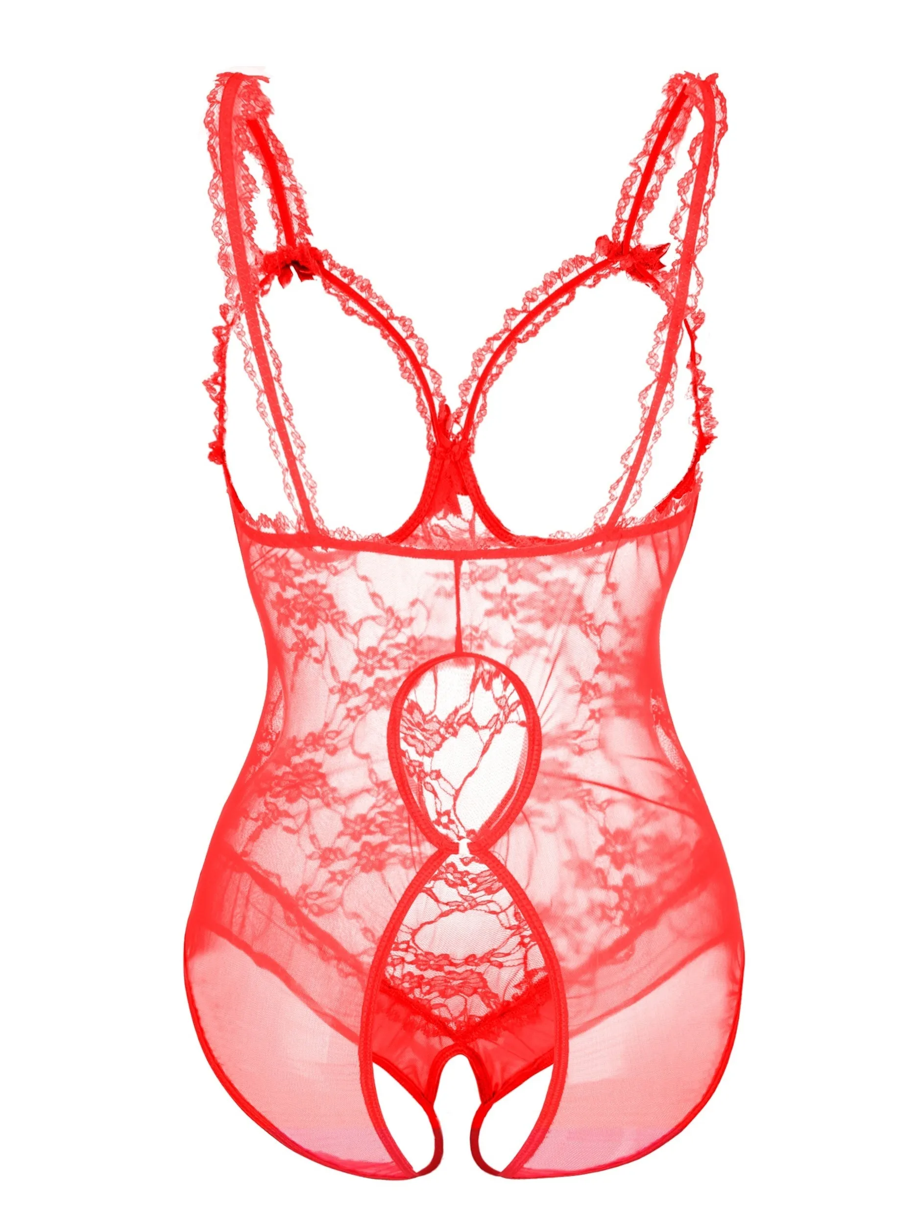Bridal Elegance Plus Size Wedding Sexy Sheer Floral Lace Cut Out Bow Knot Open Cup Crotchless One Piece Teddy Bodysuit