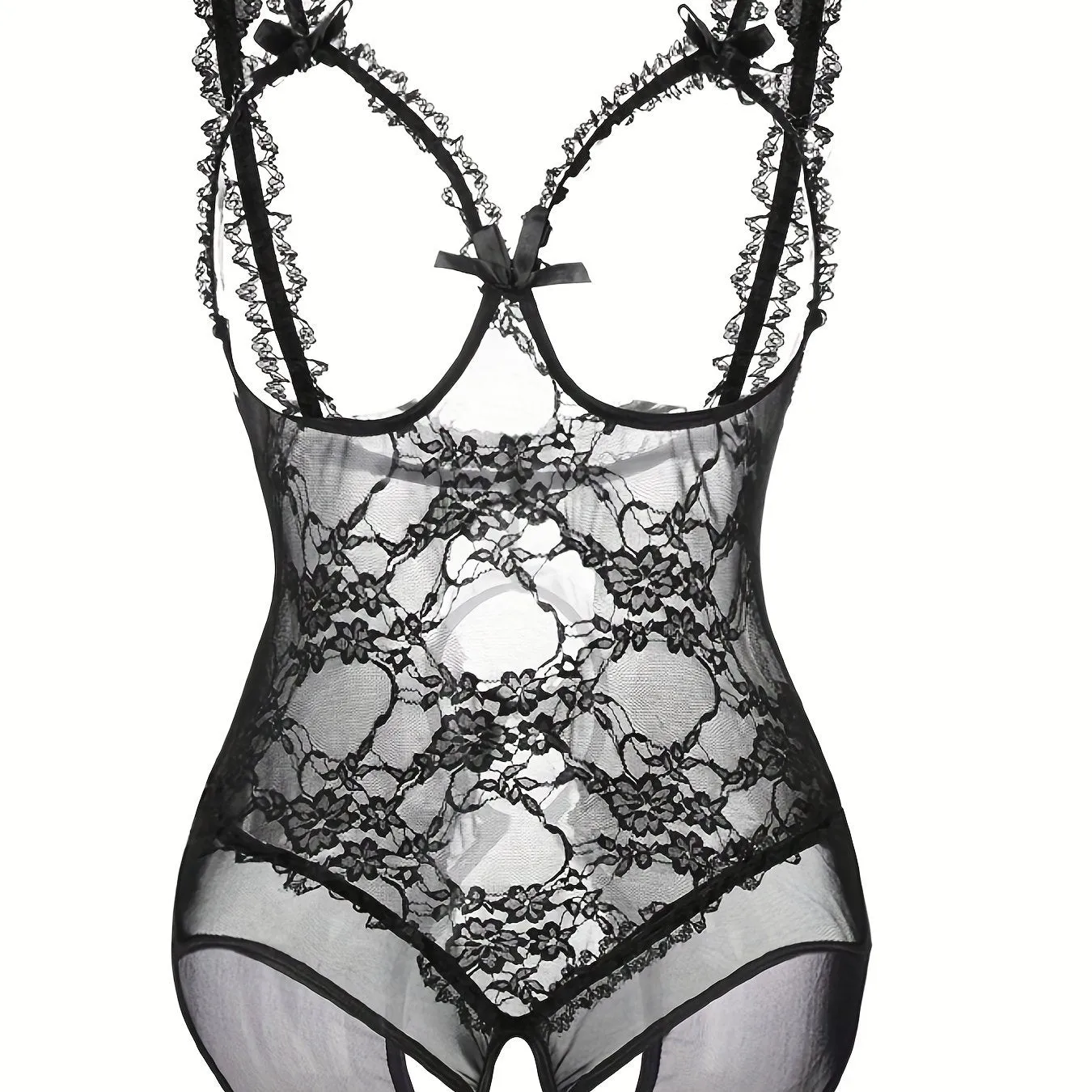 Bridal Elegance Plus Size Wedding Sexy Sheer Floral Lace Cut Out Bow Knot Open Cup Crotchless One Piece Teddy Bodysuit