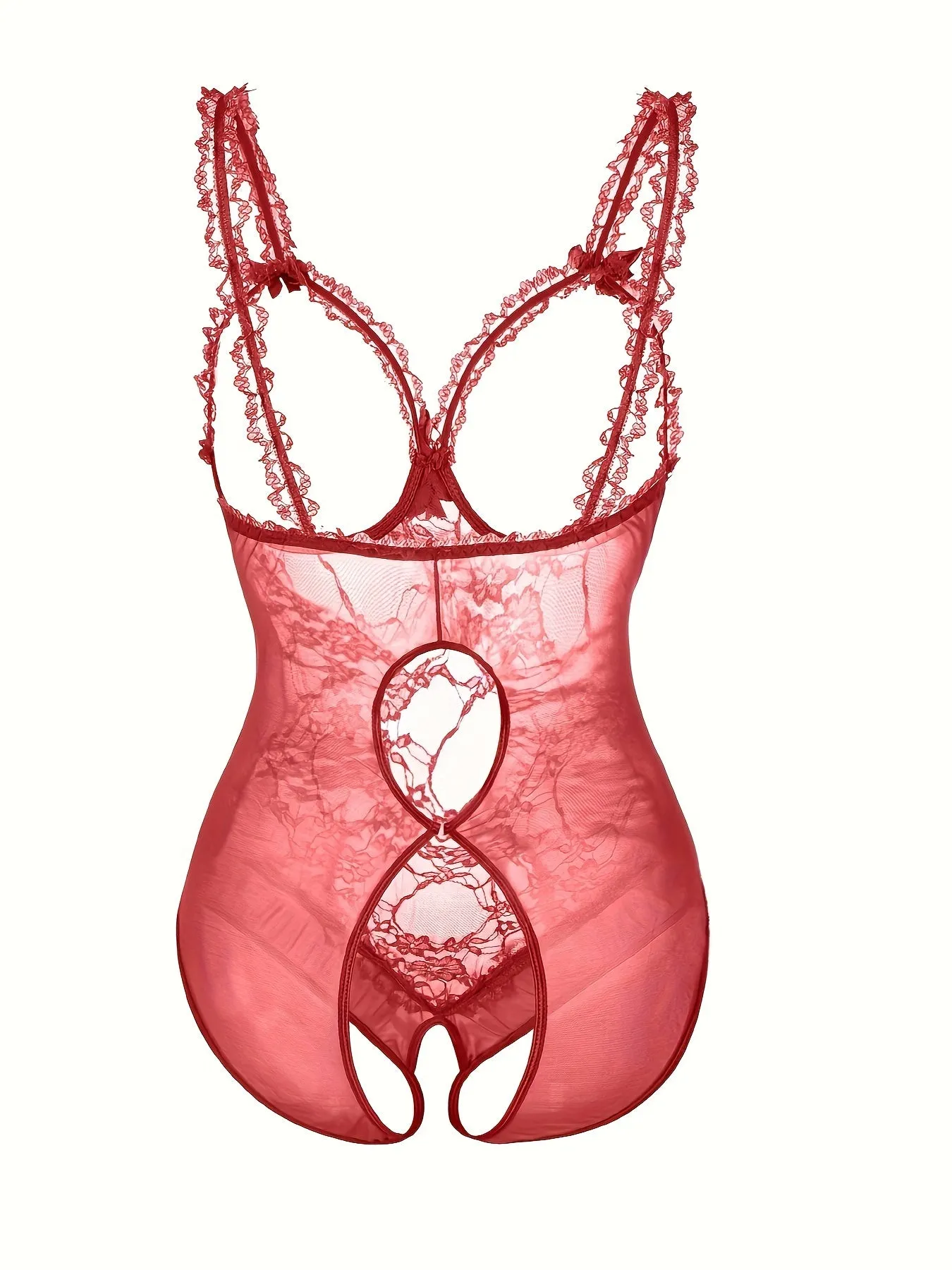 Bridal Elegance Plus Size Wedding Sexy Sheer Floral Lace Cut Out Bow Knot Open Cup Crotchless One Piece Teddy Bodysuit