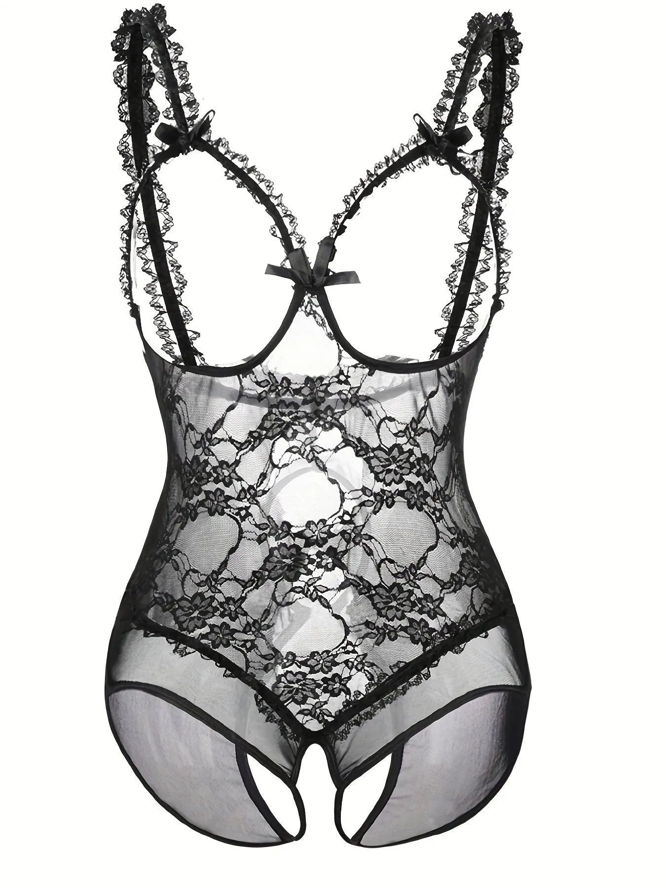 Bridal Elegance Plus Size Wedding Sexy Sheer Floral Lace Cut Out Bow Knot Open Cup Crotchless One Piece Teddy Bodysuit