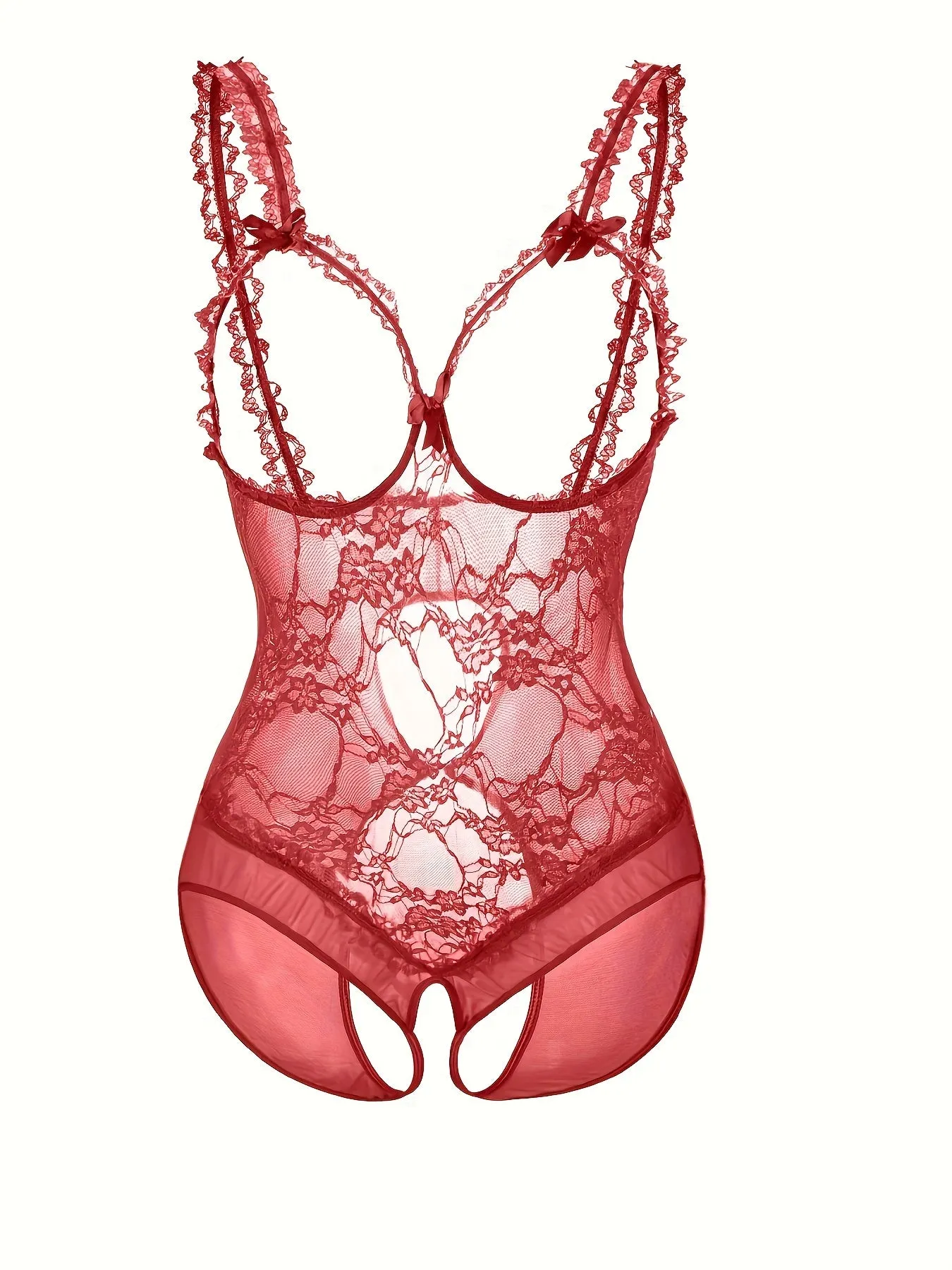 Bridal Elegance Plus Size Wedding Sexy Sheer Floral Lace Cut Out Bow Knot Open Cup Crotchless One Piece Teddy Bodysuit