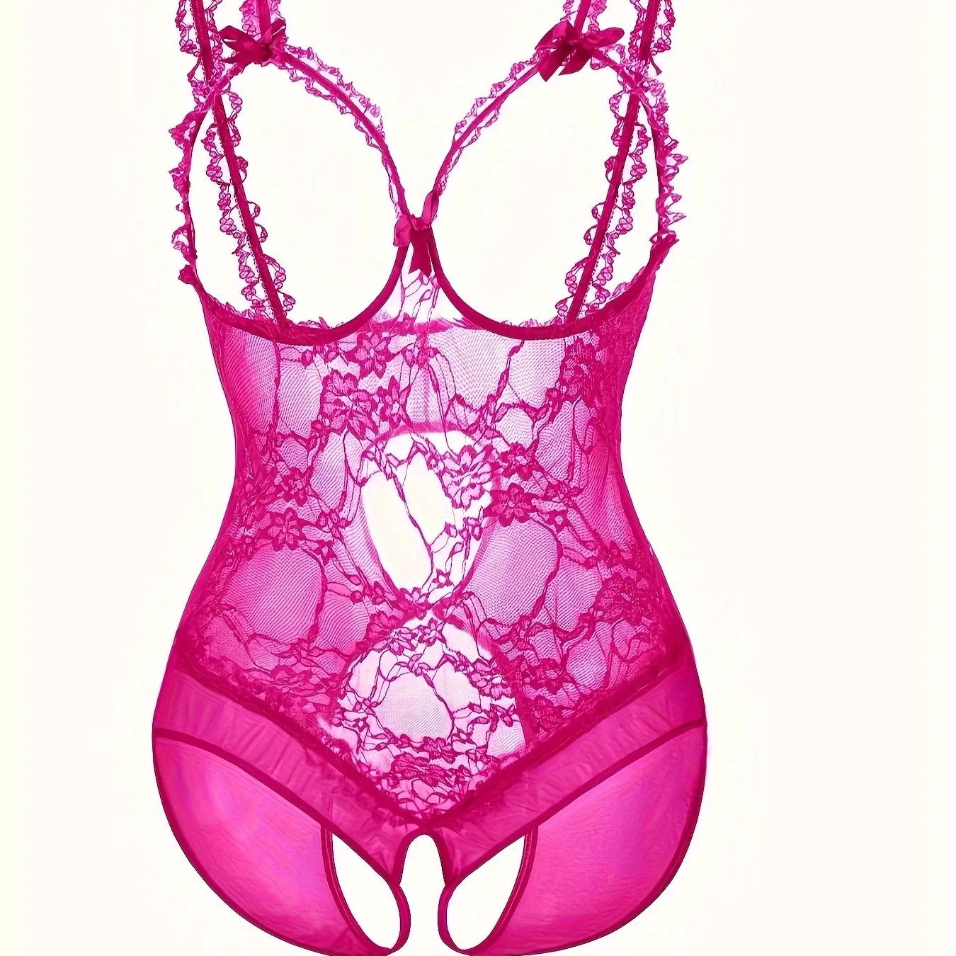 Bridal Elegance Plus Size Wedding Sexy Sheer Floral Lace Cut Out Bow Knot Open Cup Crotchless One Piece Teddy Bodysuit