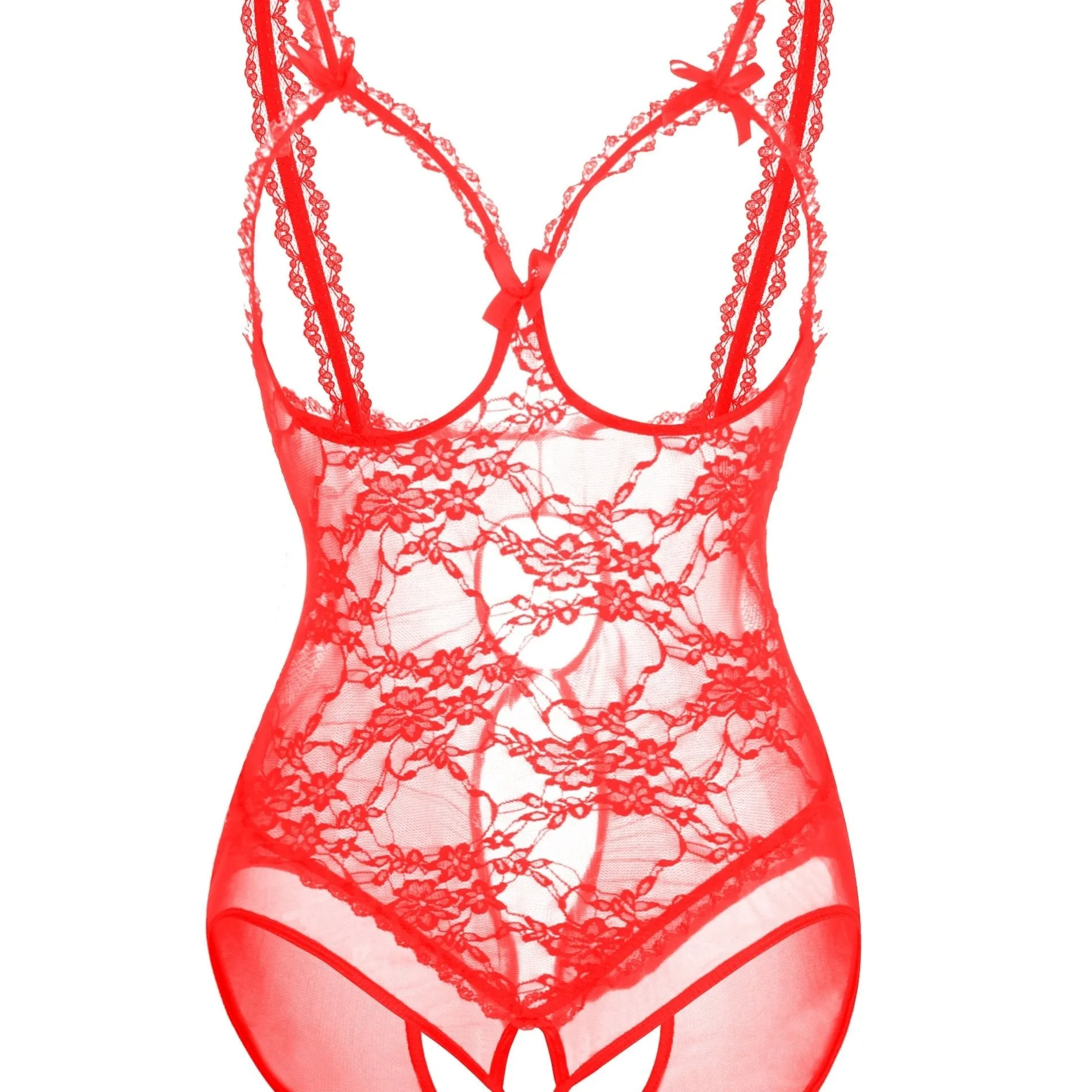 Bridal Elegance Plus Size Wedding Sexy Sheer Floral Lace Cut Out Bow Knot Open Cup Crotchless One Piece Teddy Bodysuit