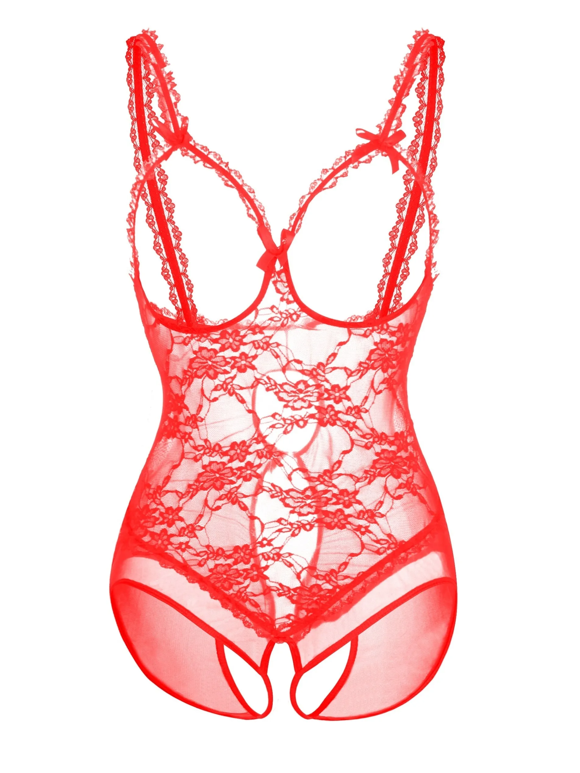 Bridal Elegance Plus Size Wedding Sexy Sheer Floral Lace Cut Out Bow Knot Open Cup Crotchless One Piece Teddy Bodysuit