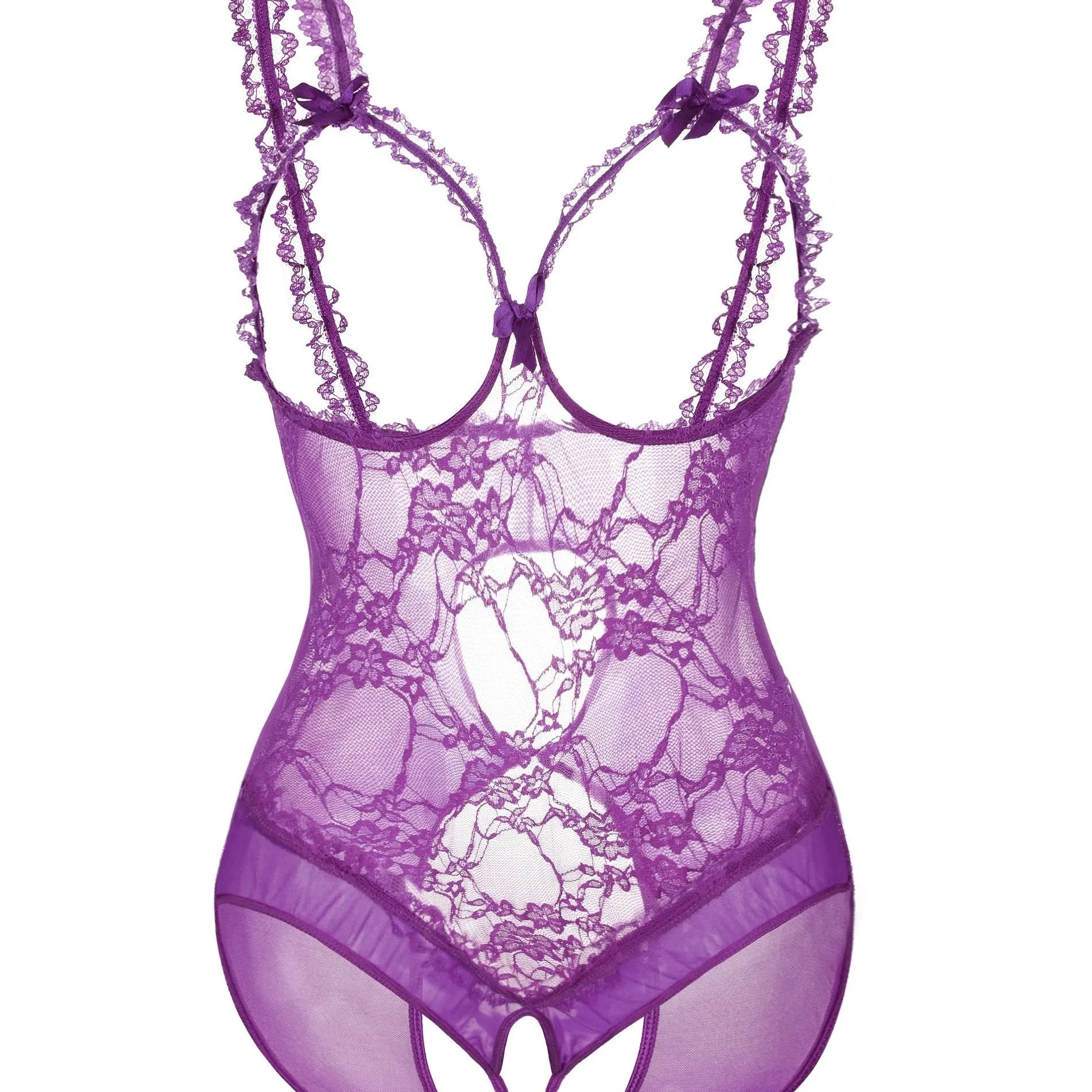 Bridal Elegance Plus Size Wedding Sexy Sheer Floral Lace Cut Out Bow Knot Open Cup Crotchless One Piece Teddy Bodysuit