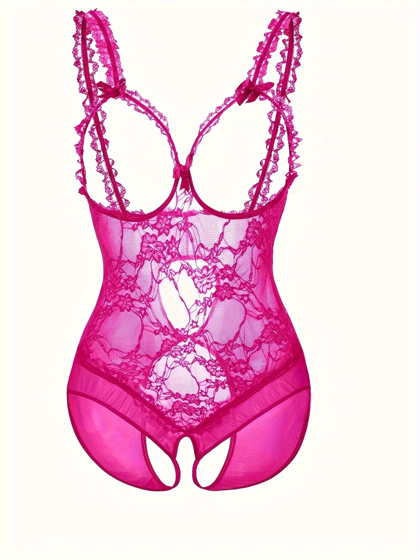 Bridal Elegance Plus Size Wedding Sexy Sheer Floral Lace Cut Out Bow Knot Open Cup Crotchless One Piece Teddy Bodysuit