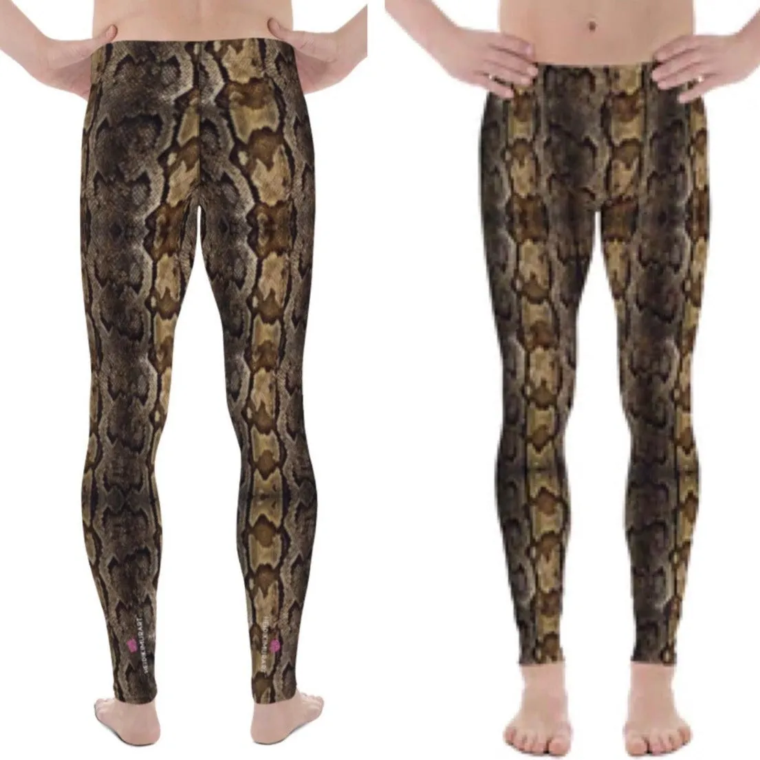 Brown Snake Print Men's Leggings, Snake Skin Python Style Meggings Tights For Men - Made in USA/EU