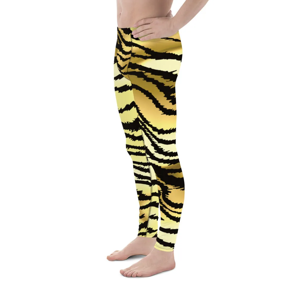 Brown Tiger Striped Men's Leggings, Classic Brown Tiger Leggings, Brown Tiger Pants For Men - Made in USA/EU/MX